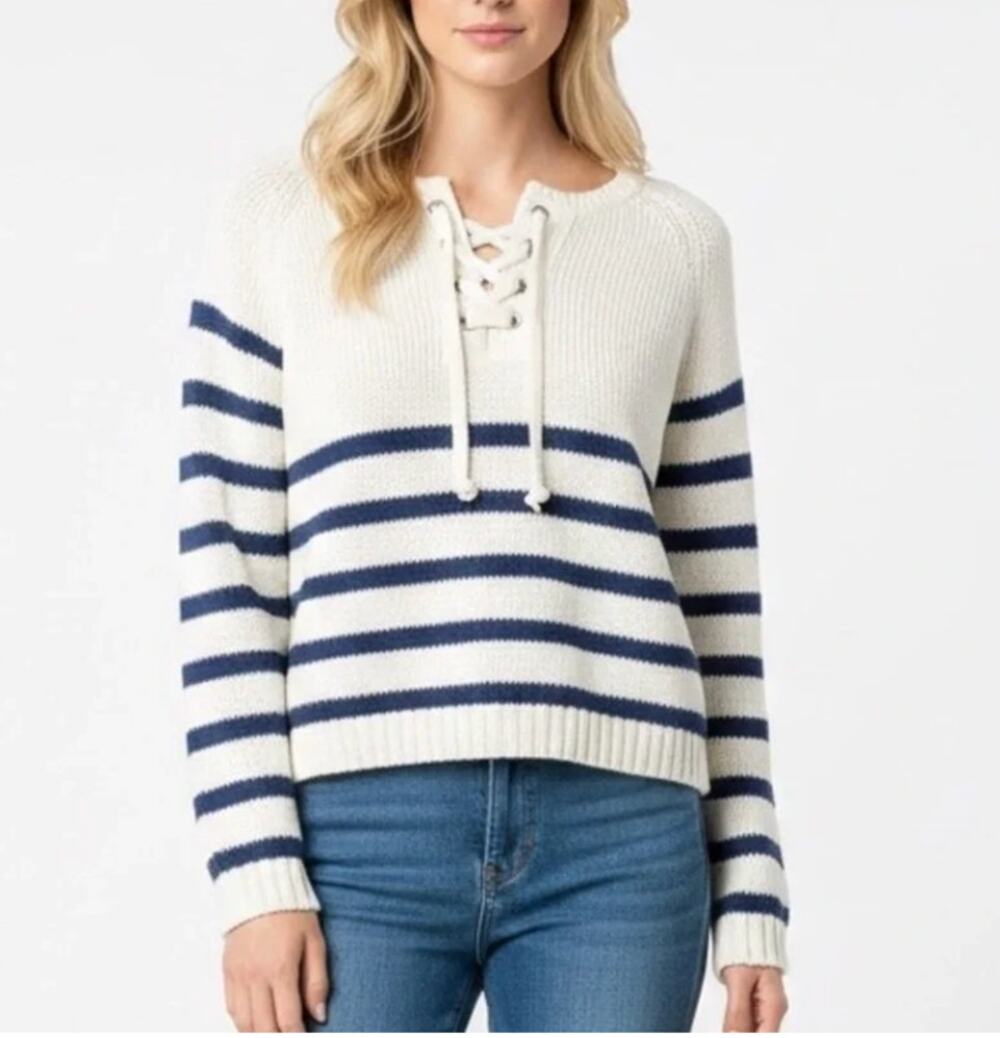 Wooden Ships Palmer Sweater Cotton Blend Cream Navy Stripe Lace Up Nautical Xs/S